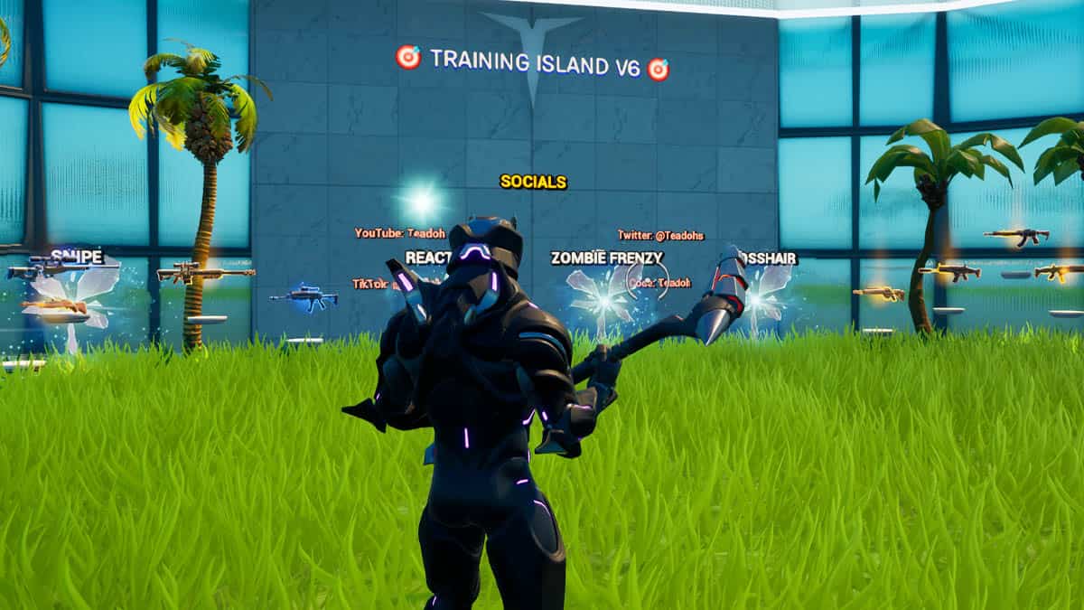 A man is standing in front of a Fortnite Creative grassy field.
