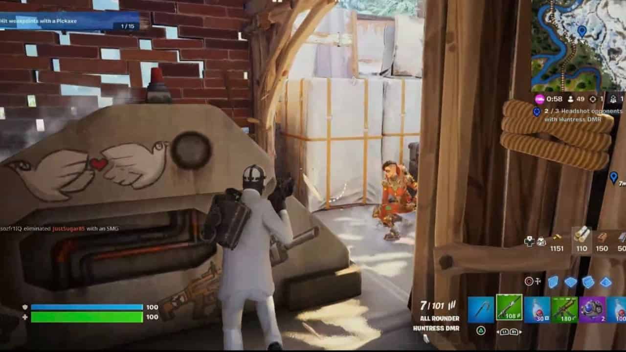 Player in a white outfit aiming at an opponent in a wooden structure in a Fortnite game match near one of the all Fortnite bunker mod bench locations.