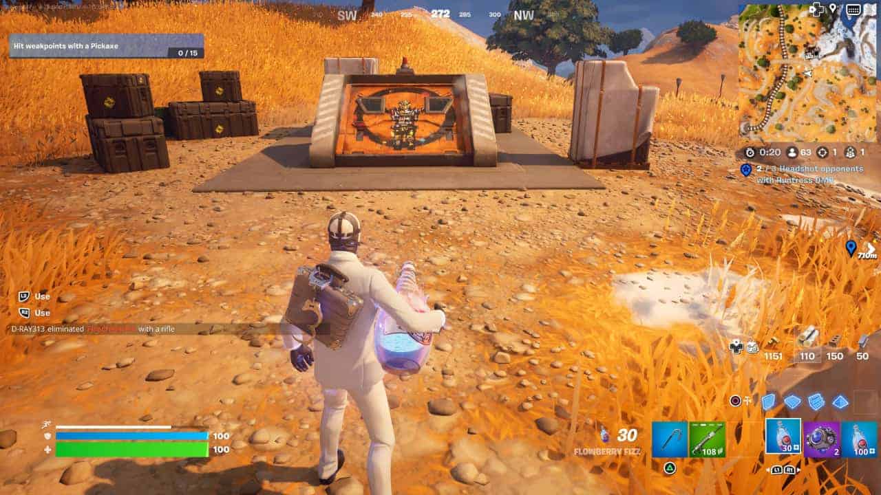 A player in a white astronaut suit is seen from behind approaching an in-game memorial site in Fortnite, with a displayed emblem and tribute amidst all Fortnite bunker mod bench locations.