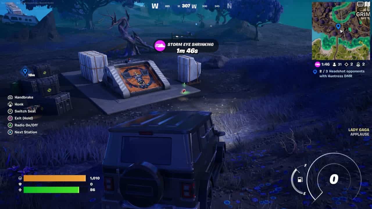 A player parked in a vehicle at night in a Fortnite game scene, with a countdown indicating an approaching storm near all Fortnite bunker mod bench locations.