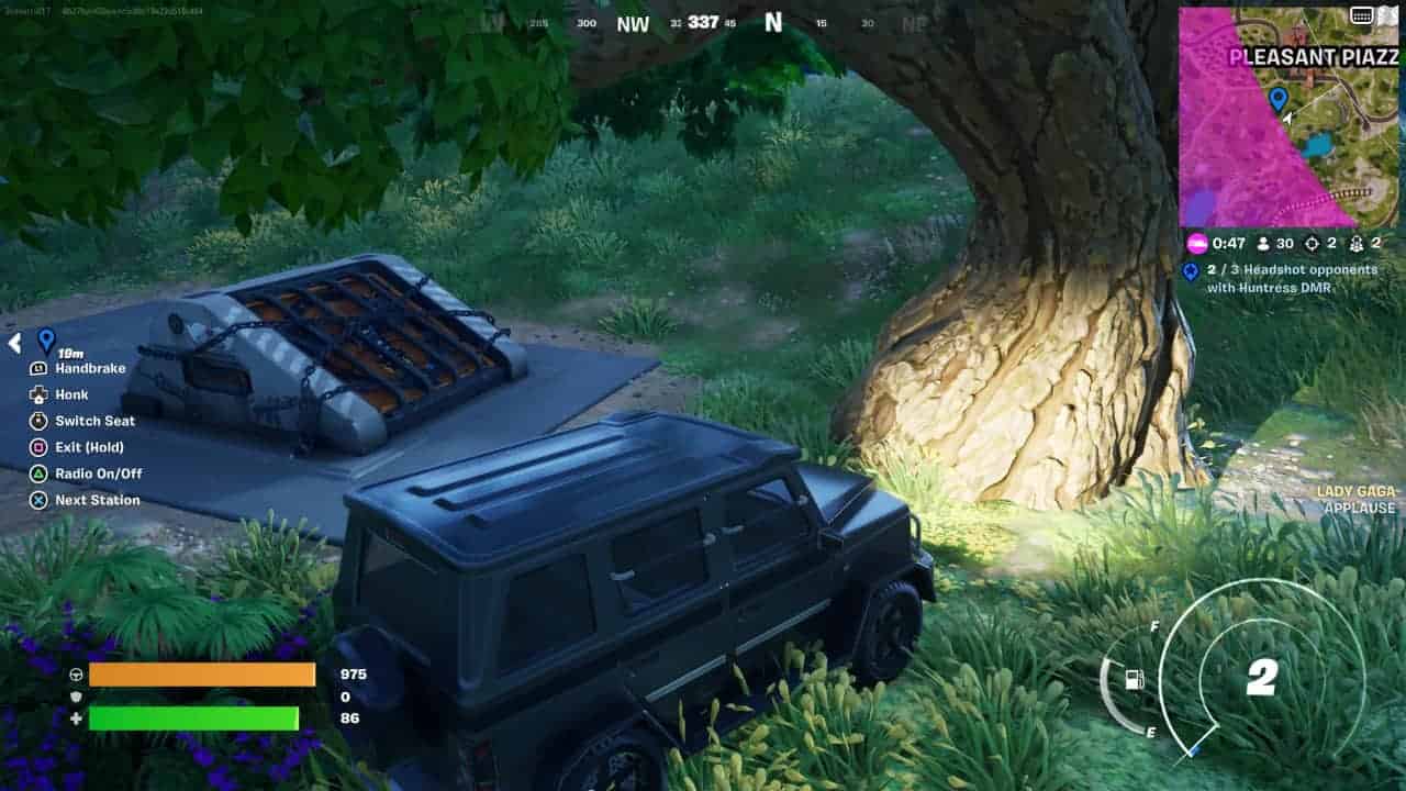 A vehicle parked under a tree near all Fortnite bunker mod bench locations, with the storm shrinking nearby.