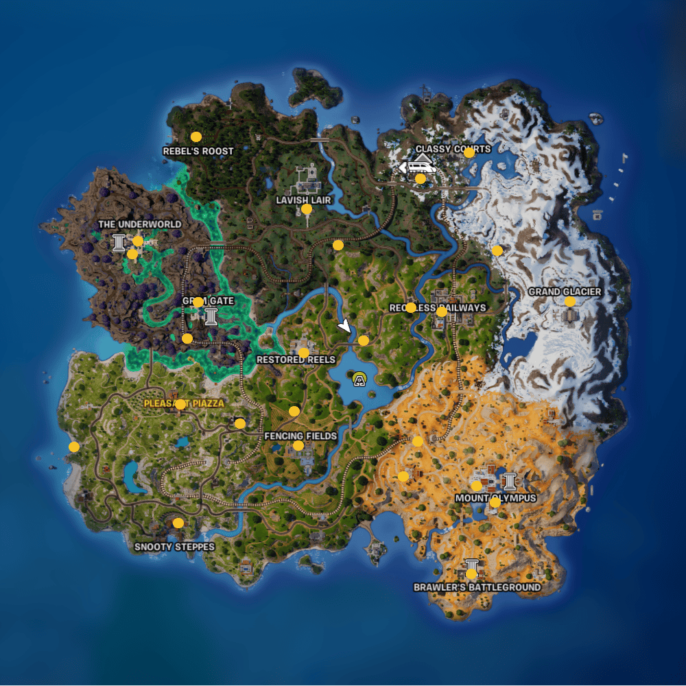 A detailed map of a fictional video game world with various regions labeled, showcasing diverse terrains like forests, mountains, and snowy areas in Fortnite.