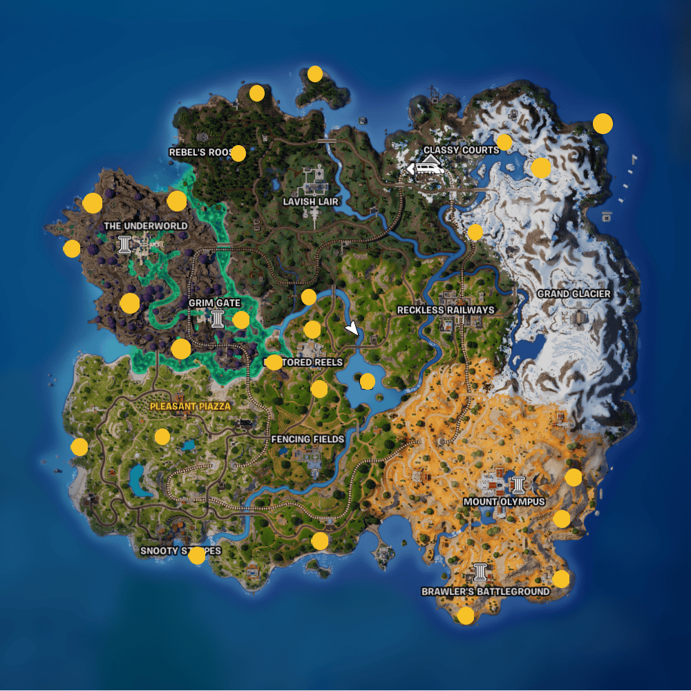 Fortnite campfire locations: The location of every campfire on the Fortnite map, marked with a yellow dot.