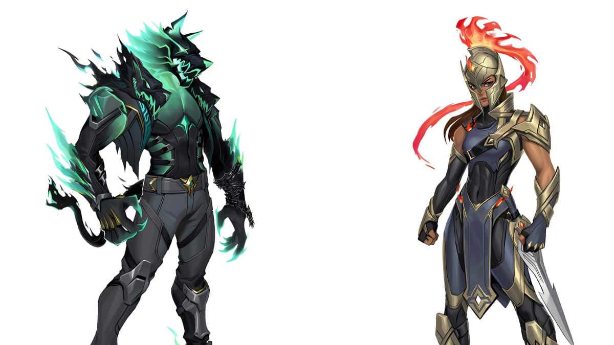 Two characters in armor, reminiscent of the Fortnite Battle Pass, standing next to each other.
