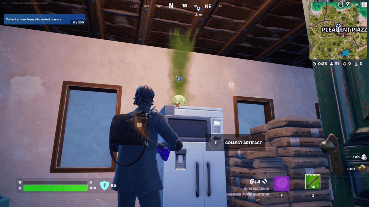 Fortnite Cerberus Snapshot: A player looking up at a tennis ball on top of a fridge with yellow smoke coming off it.