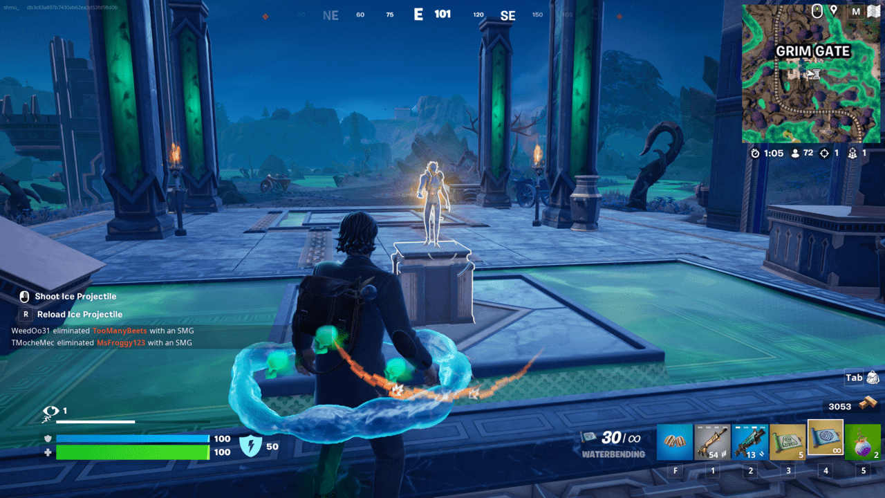 Fortnite Cerberus Snapshot: A player at Grim Gate in front of the statue used to summon Cerberus.