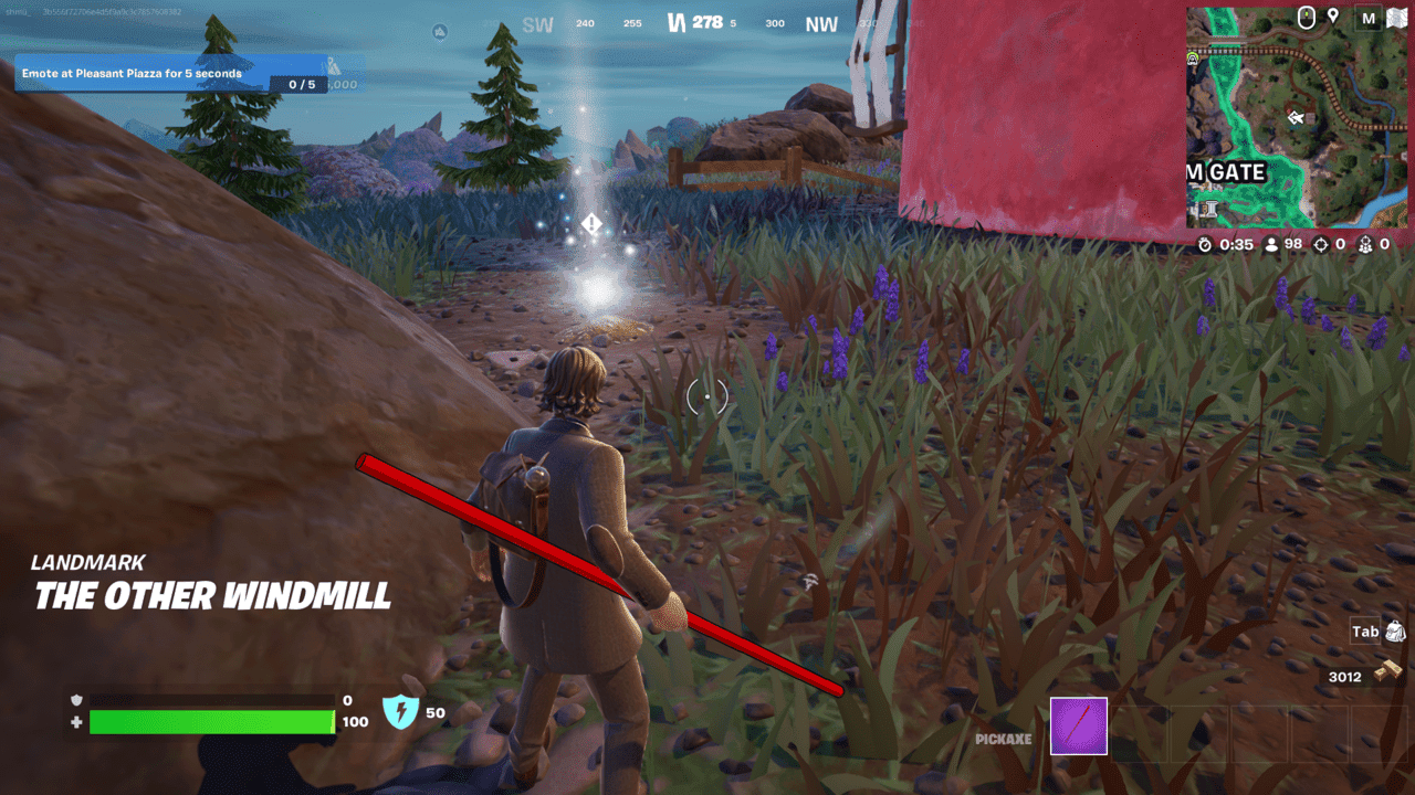 Fortnite Cerberus Snapshot: A player standing near a shining spot near the Other Windmill.