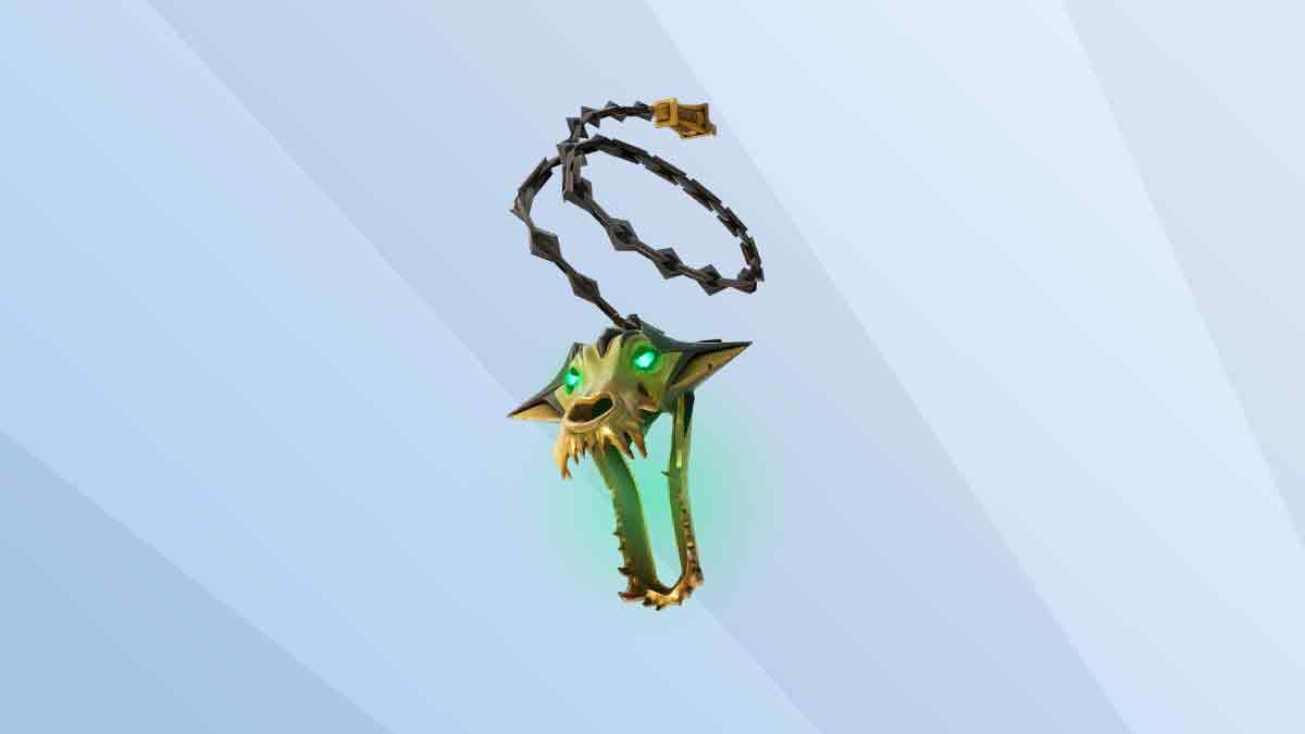 An intricate pendant featuring a green dragon’s head with golden accents and a chain, set against a light blue striped background in fortnite