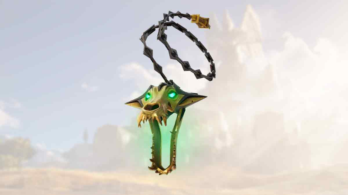 An ornate green and gold lantern with a chain, floating with a blurred background of a castle in the clouds: Fortnite - Where to find Chains of Hades.