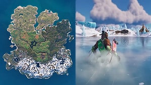 A picture showcasing new gameplay features and map details of Fortnite Chapter 5, featuring a juxtaposition of a Fortnite island and an ice island.