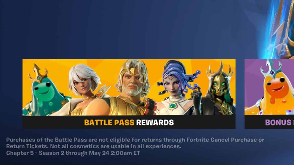 Promotional image for Fortnite Chapter 5 Season 3 battle pass rewards showcasing a lineup of character skins including fantasy and monstrous themes.