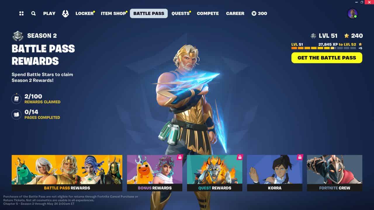 When does Fortnite Chapter 5 Season 2 end: The main screen of the Chapter 5 Season 2 Battle Pass.