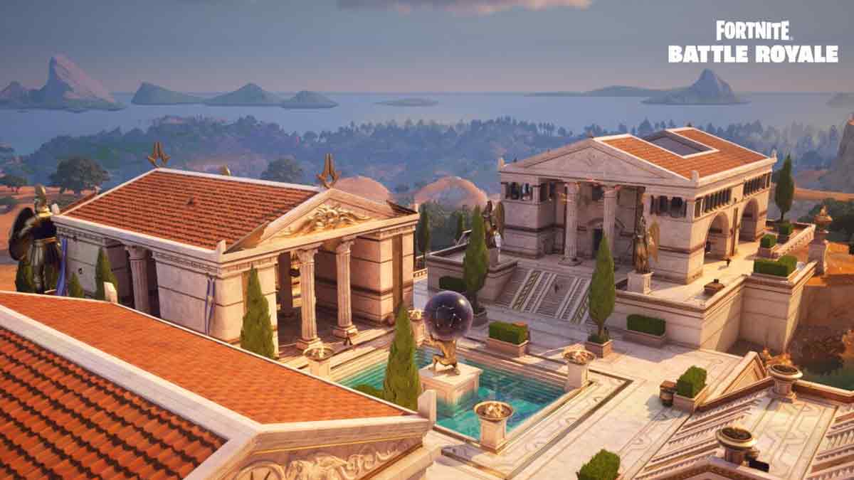 Fortnite screenshot featuring ancient Greek-inspired architecture and surroundings.