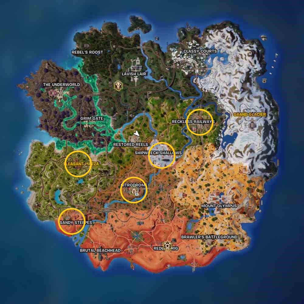Fortnite coconut locations: A map showing the locations of Forage Boxes containing coconuts in Fortnite.
