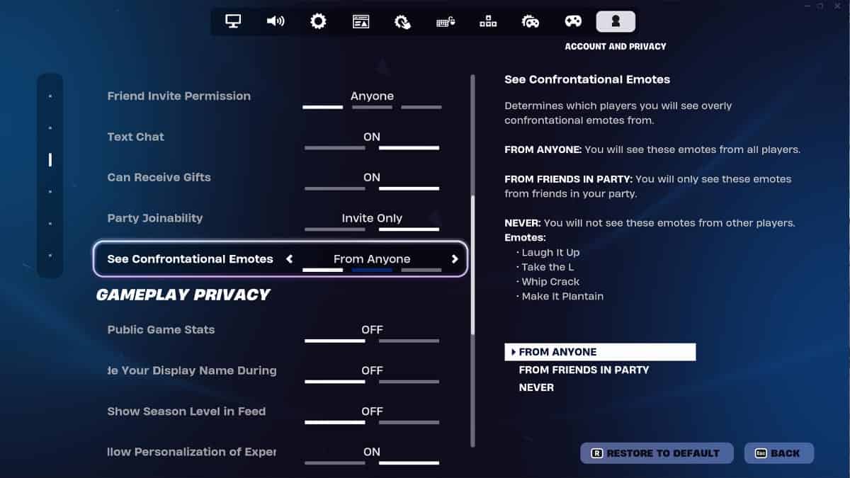Screenshot of the Fortnite video game settings menu focused on privacy, including options for text chat permission, receiving gifts, and gameplay privacy.