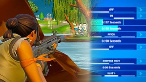 Fortnite best controller settings: A player firing at someone across a body of water with a settings menu to the right of the image.