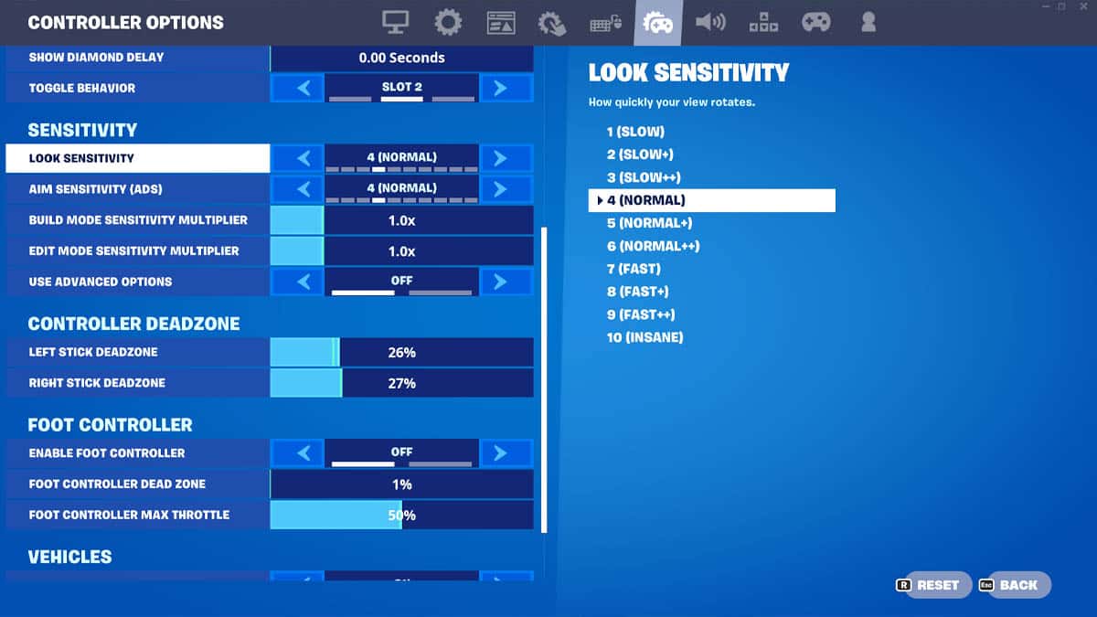 A screen shot of the settings in Fortnite, including the aim.