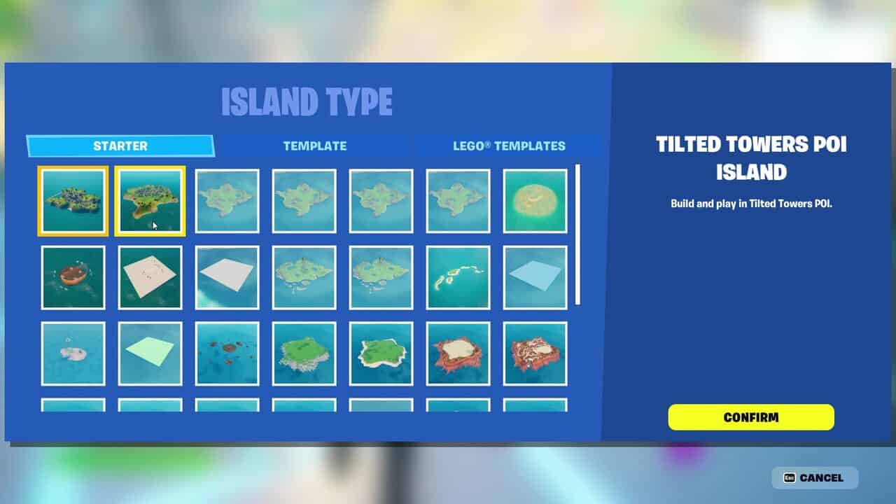 A Fortnite Creative user interface screen showcasing a selection of "island type" templates for a game, with "tilted towers poi island" highlighted as the chosen option.