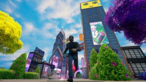 Fortnite Creator Made Islands: A Fortnite player with an Alan Wake skin running through a city.