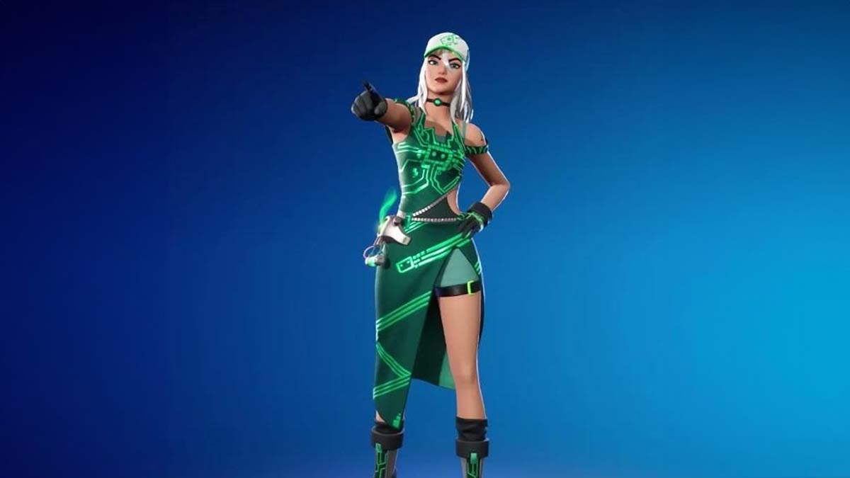 A digital avatar of a female character in a green outfit with futuristic Fortnite accents, wearing a cap and pointing forward, set against a blue background.