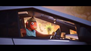 Fortnite Cybertruck: Fishstick from Fortnite driving a Cybertruck.