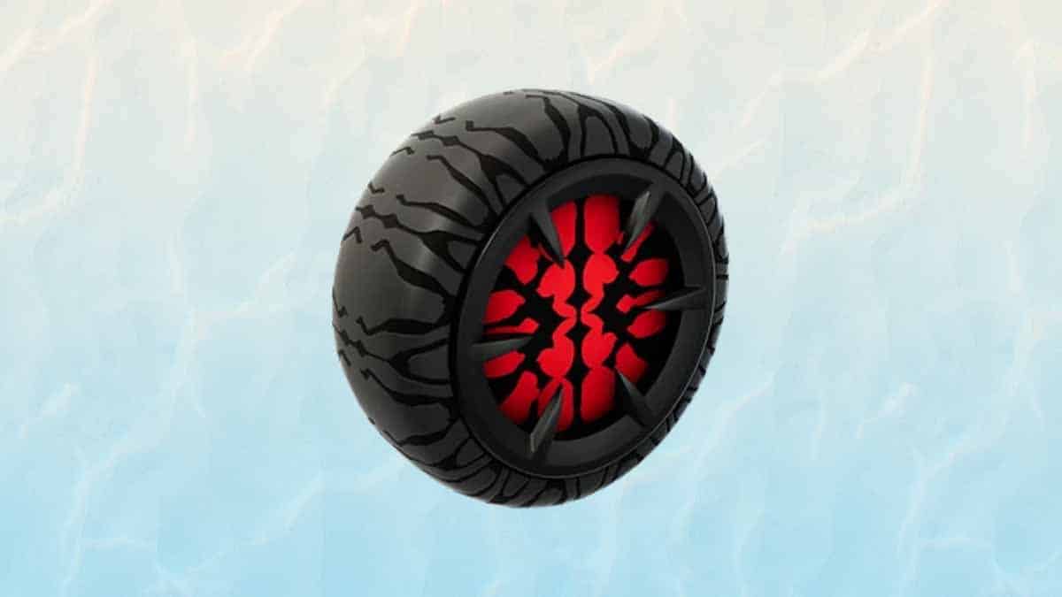A black tire with a red, intricate design on its hub, set against a light blue textured background is not eligible for a V-Bucks refund.