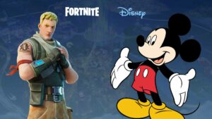 A character from Fortnite stands next to Mickey Mouse, with the vibrant Fortnite and Disney logos prominently displayed above them against a blurred backdrop.