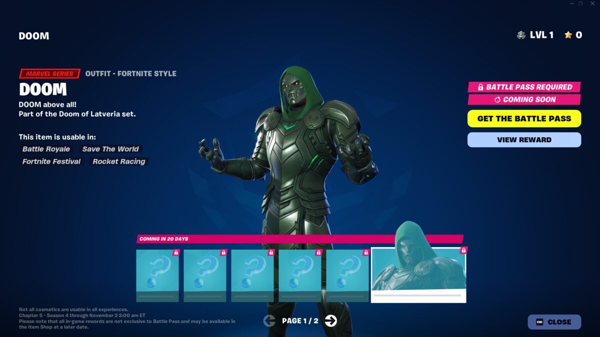 Fortnite how to get Doctor Doom skin: The Doctor Doom unlock path in the Chapter 5 Season 4 Battle Pass.