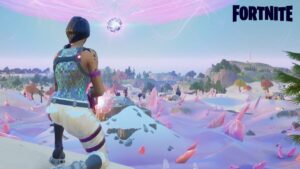 An image of a fortnite player triumphantly standing on top of a mountain.