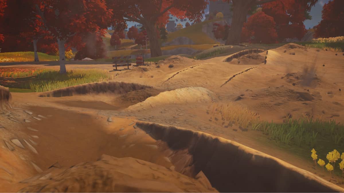 A screenshot of a dirt road in a video game, possibly hinting at a leak or the upcoming end of season event for Fortnite.