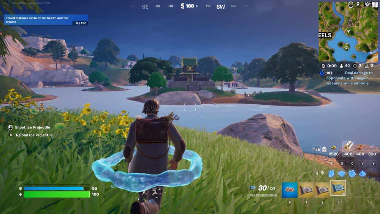 Fortnite elemental shrine locations: A player looking towards an earth shrine on an island at the centre of a lake.
