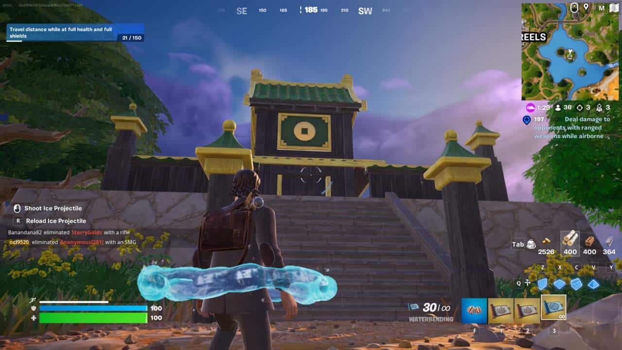 Fortnite elemental shrine locations: A player standing at the bottom of some stone stairs leading to an earth shrine.