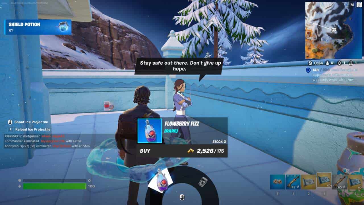 Fortnite elemental shrine locations: A player buying Flowberry Fizz from Katara at a water shrine.
