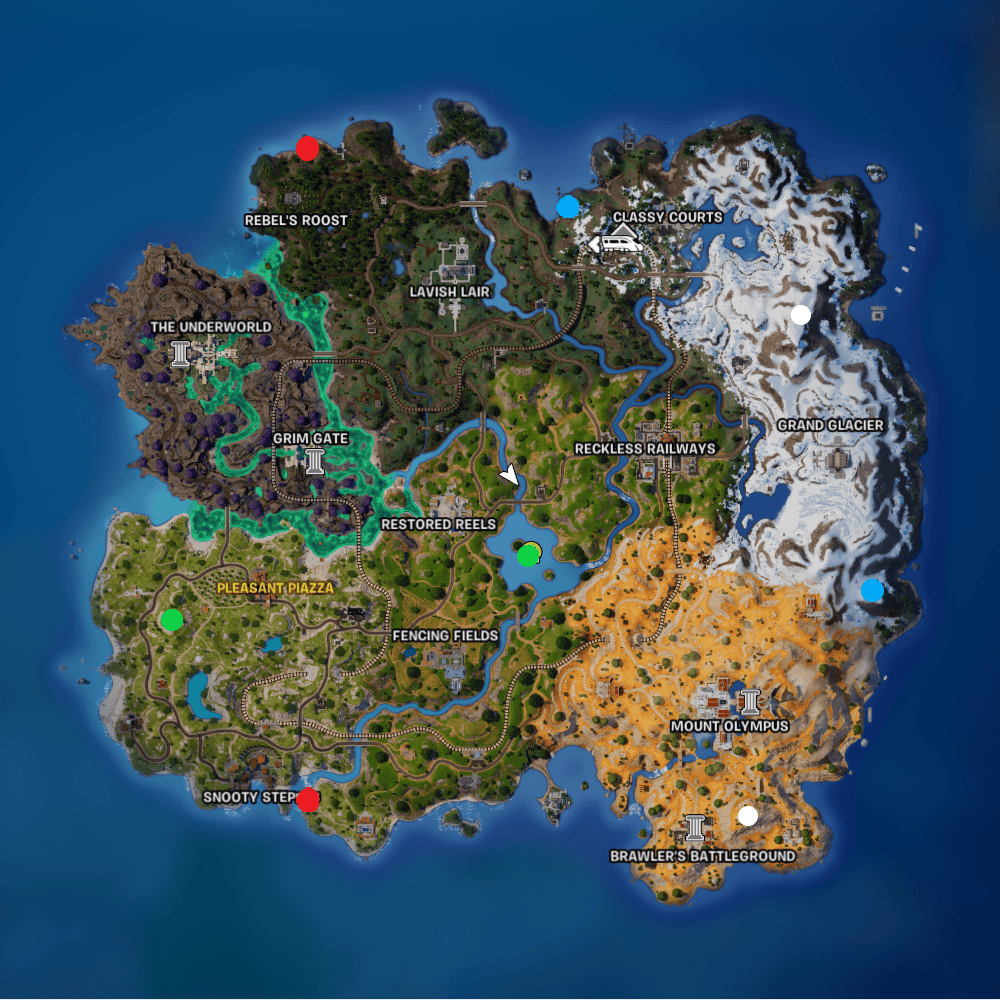 A detailed map of all Fortnite elemental shrine locations, showing various labeled regions with diverse terrains including forested areas, snow zones, and volcanic regions.