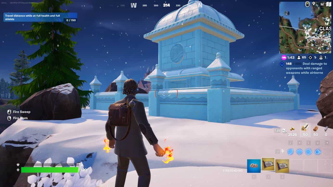 Fortnite elemental shrine locations: A player standing in front of a water shrine in a snowy area.