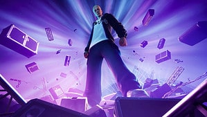 A man standing in front of a purple background while showcasing his Eminem skin, featured in Fortnite.