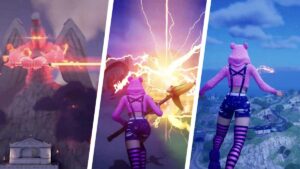 Three-panel image showing a video game character in different action scenes. The character wears a pink bear costume and wields a glowing weapon, featuring dramatic lighting and various landscapes. Fortnite leak suggests these mind-blowing scenes are part of upcoming event details!