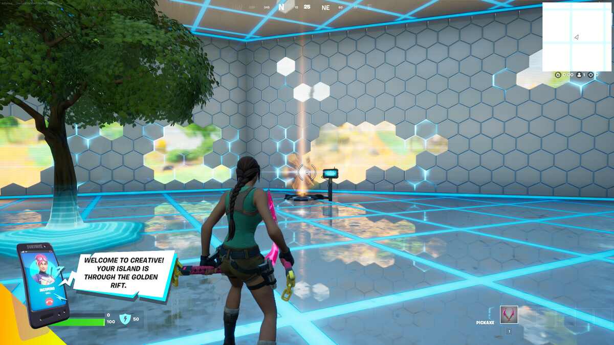 Fortnite Fall Guys skins: A player standing in a room with holographic floors and walls and a single tree.