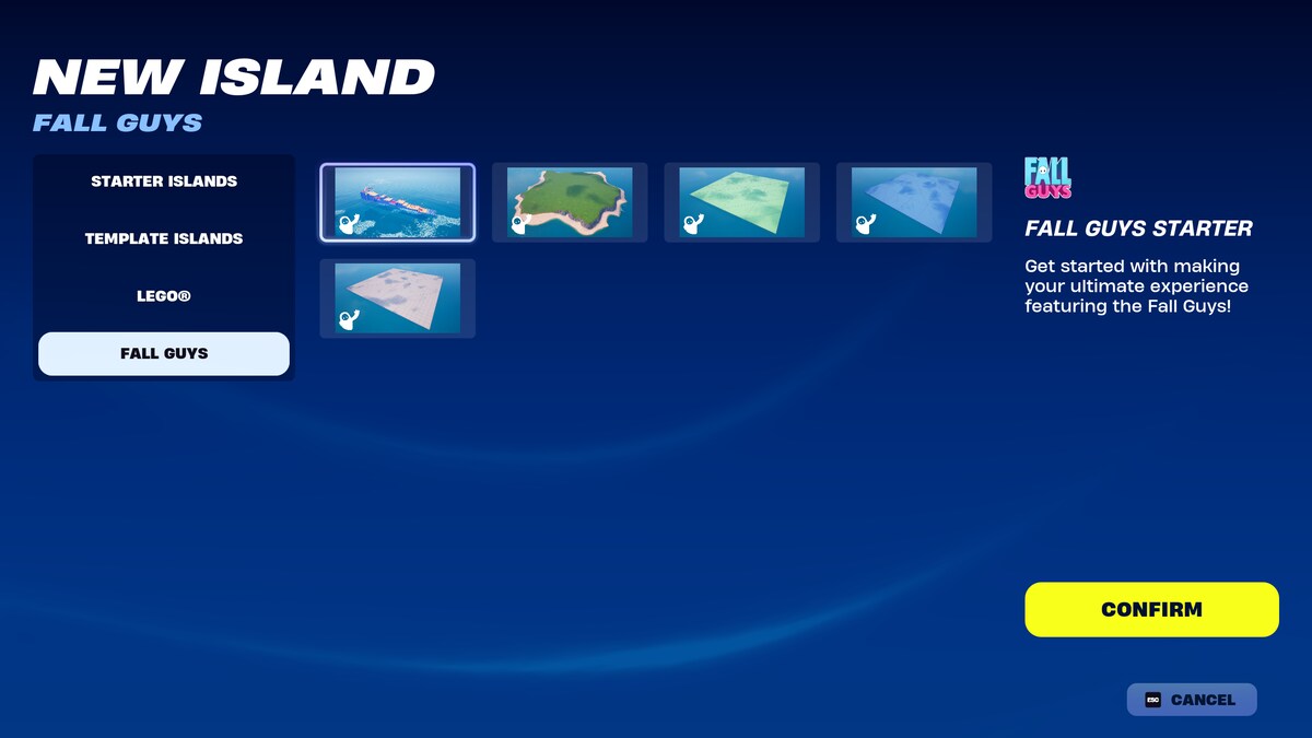 Fortnite Fall Guys skins: The New Island menu in Fortnite Creative