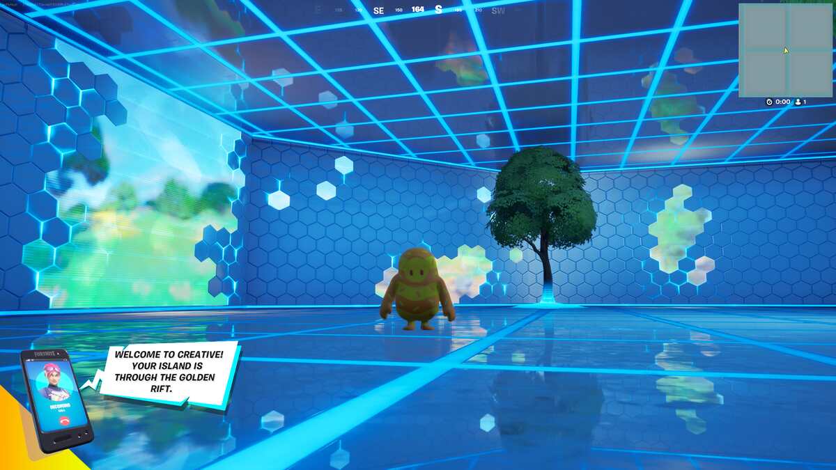 Fortnite Fall Guys skins: A Fall Guys character standing in a holographic room with a tree behind them.
