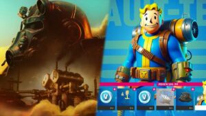 Split image: left side shows a post-apocalyptic scene from Fallout with a soldier in power armor and an industrial complex; right side features a character in a blue jumpsuit with a jetpack, and game icons below. Are you ready for the release date?