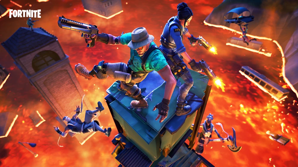 Fortnite fan favourite game mode set to return in Chapter 5 Season 2: Two players standing on a tower surrounded by rising lava.
