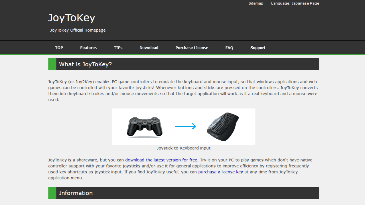 Fortnite Festival how to use Guitar Hero controller: The front page of the JoyToKey website.