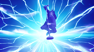 Fortnite Festival Jam Tracks: Alan Wake holding a microphone in the air with a smashed screen behind him in Fortnite.