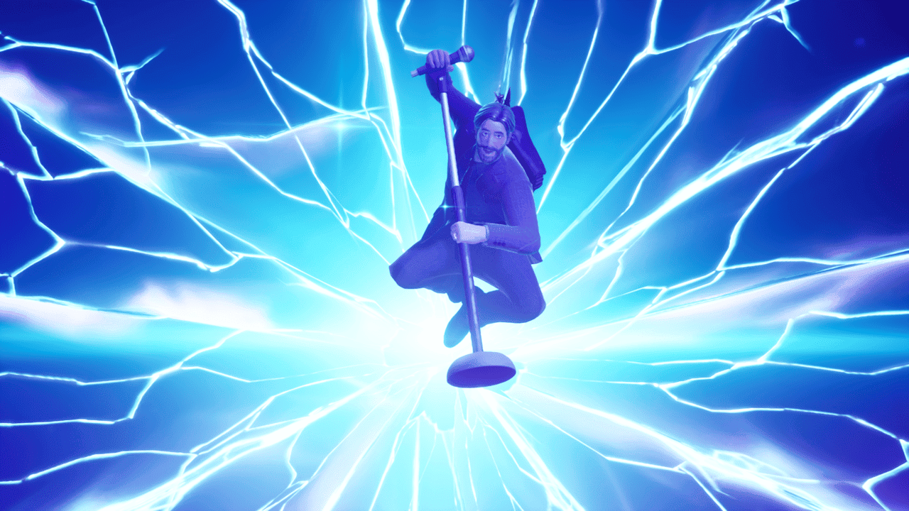Fortnite Festival Jam Tracks: Alan Wake holding a microphone in the air with a smashed screen behind him in Fortnite.