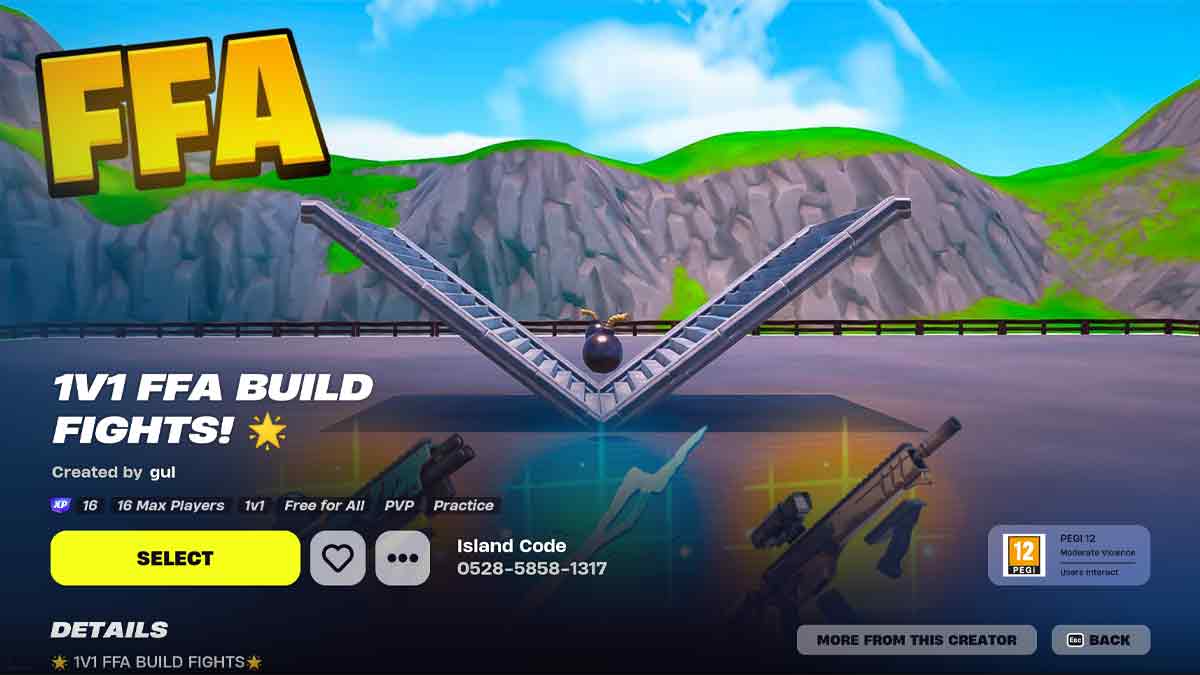 Best Fortnite XP maps: The main screen for the 1V1 FFA Build Fights map in Fortnite Creative.