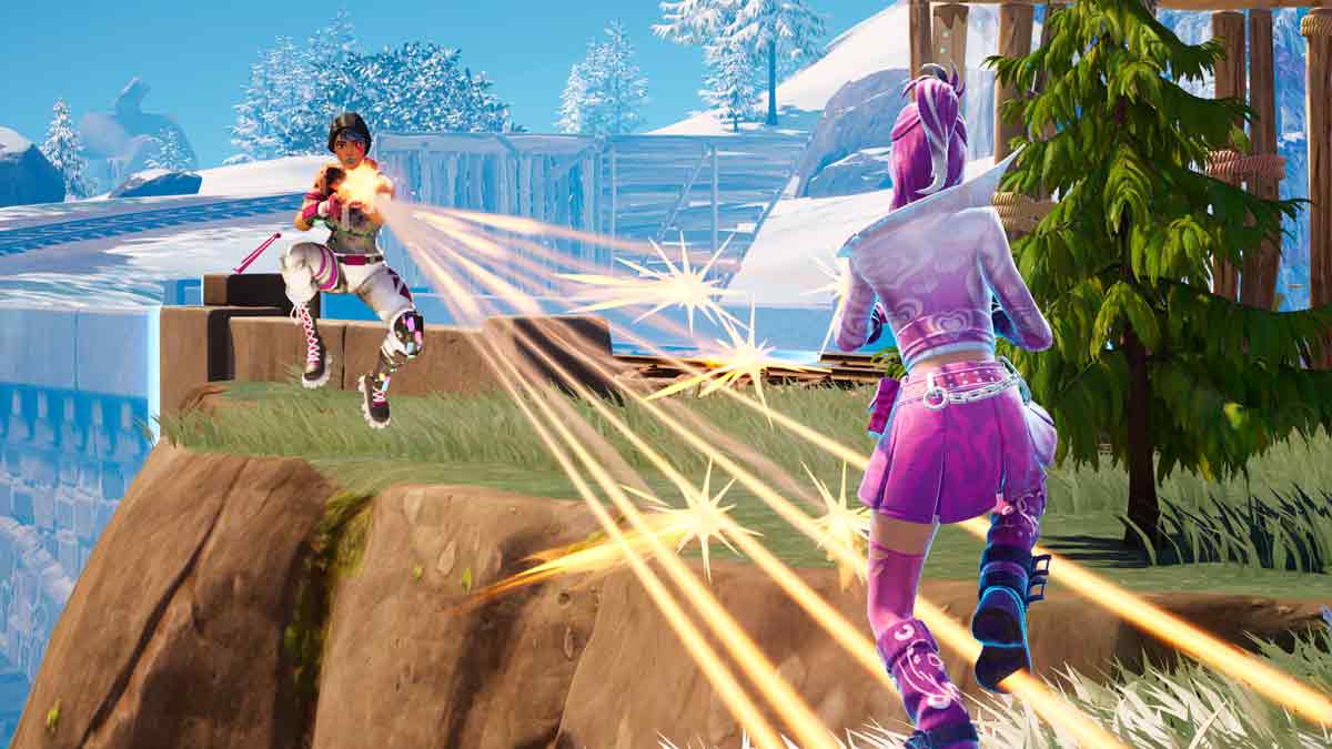 Two women are engaged in a fierce battle on a cliff during a Fortnite match.