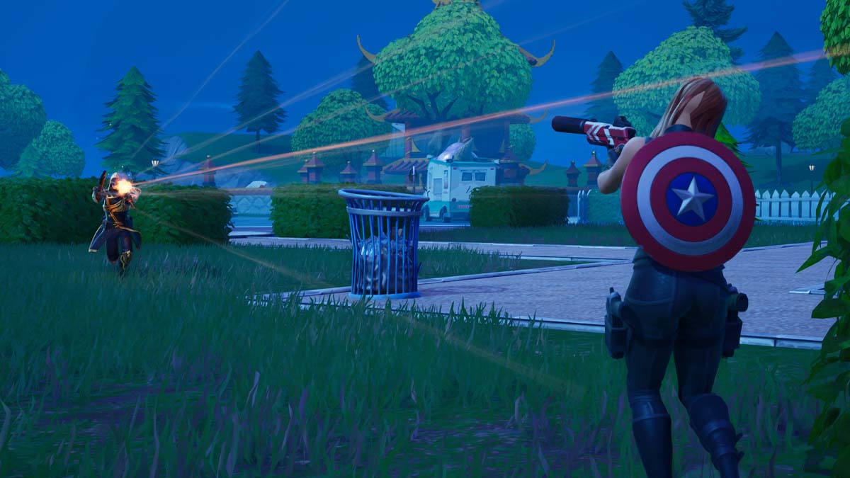 Black Widow and Blitz Knight shooting at each other in the final circle of Fortnite Blitz Royale
