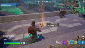 Fortnite firebending: A player with an Alan Wake skin standing on a bridge next to a firebending scroll.