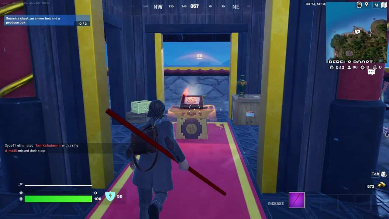 A character in a video game holding a sword preparing to open a treasure chest in a blue hallway, with a health bar and compass displayed in Fortnite.